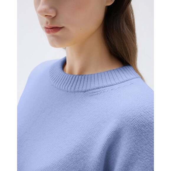 Women Cashmere Blend Oversized Crew Neck Pigeon Blue Soft Warm Pullover Sweater - Picture 3 of 5